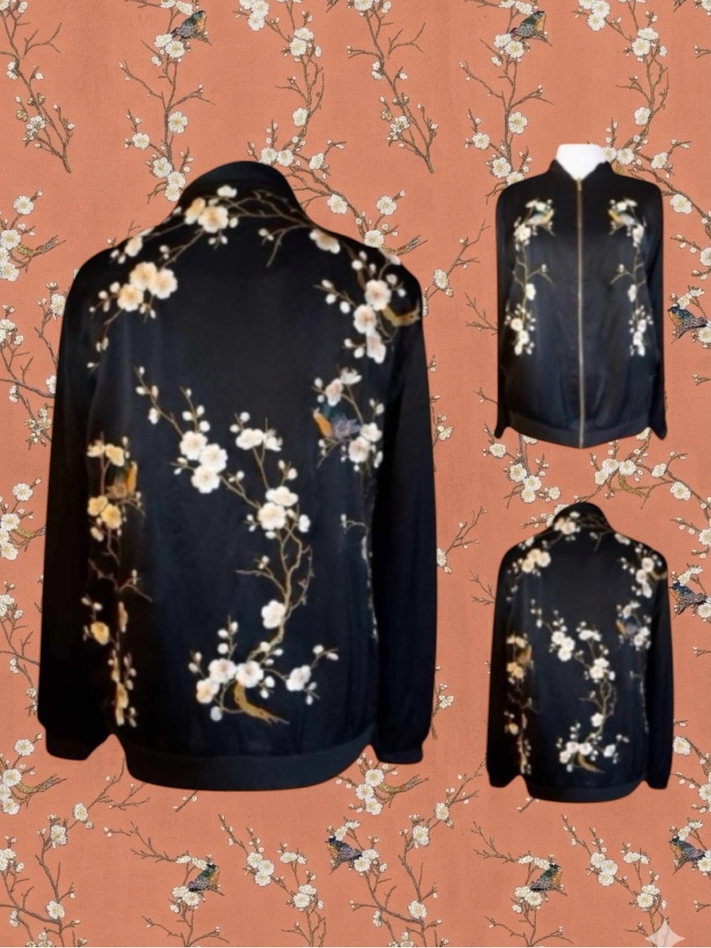 Zara Embroidered Floral Bird Satin Boho Indie Sleaze Maximalist Bomber Jacket S